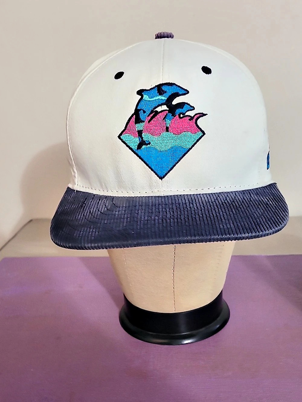 Pink Dolphin Graphic Snapback Hat in White & Blue